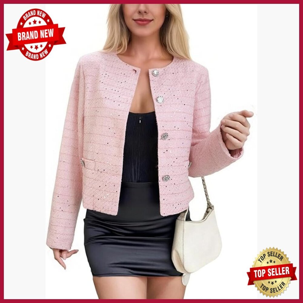 Tweed Blazer Long Sleeve Open Front Lightweight Jacket for Work Office